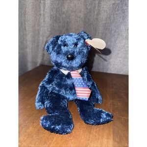 TY Beanie Baby Bear Pops Blue American Tie Flag Retired Tags Dad Father in plast